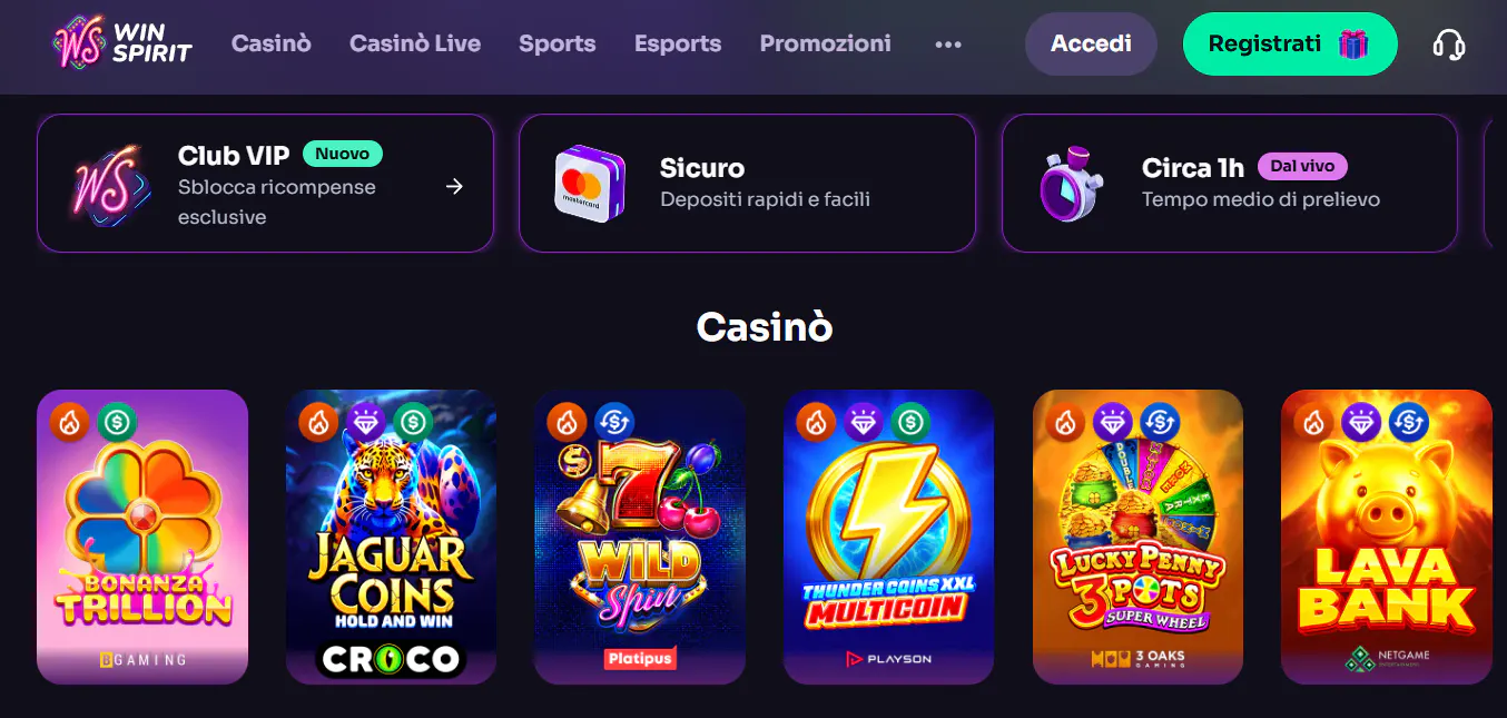 Catalogo dei giochi WinSpirit con miniature e categorie nella navigazione