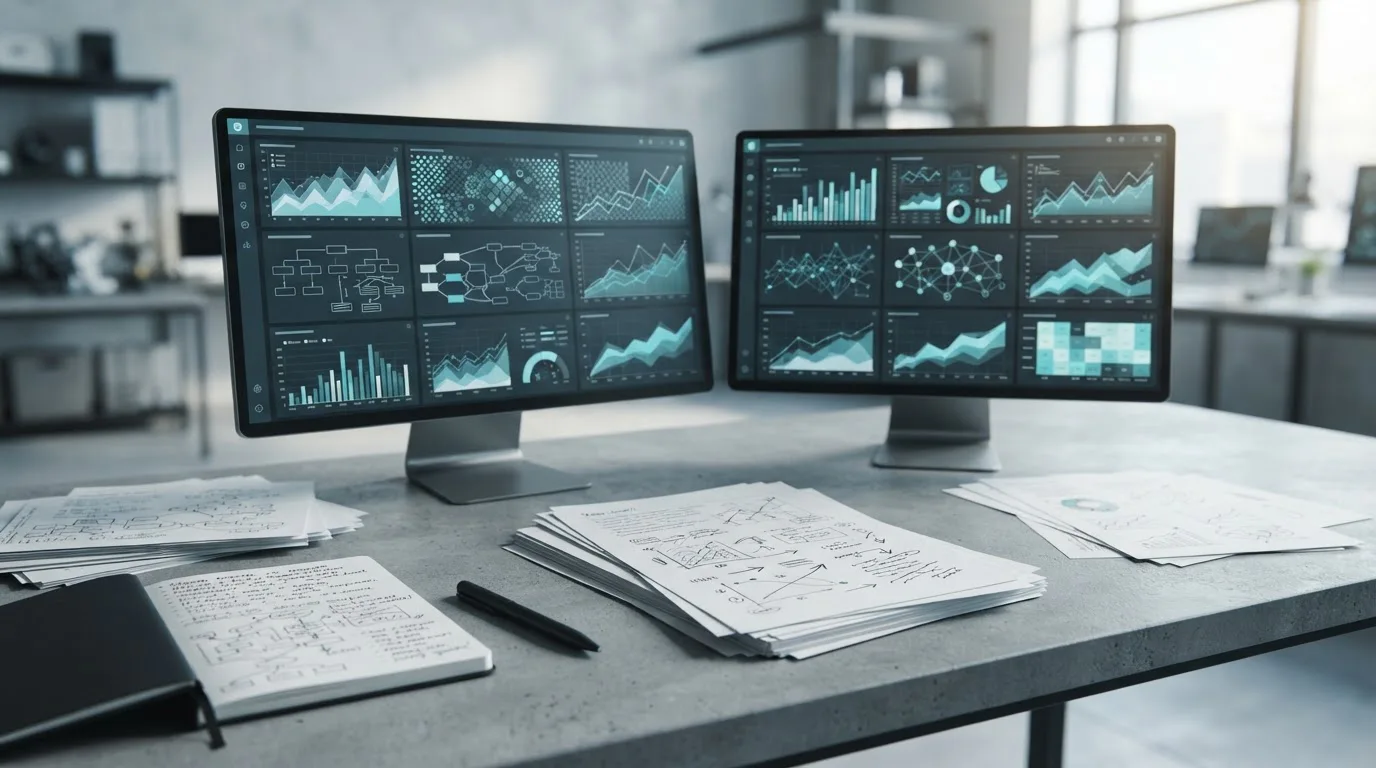 Superficie di lavoro con schermi astratti e appunti geometrici