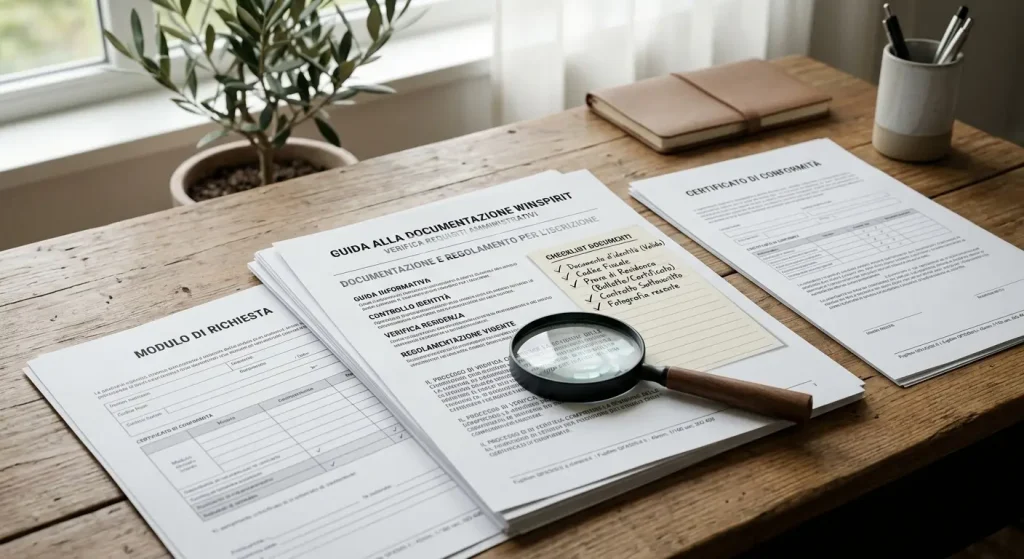 Documenti ordinati, lente di ingrandimento e fogli di controllo su una scrivania