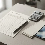 Documenti di trasferimento, calcolatrice e telefono su una scrivania
