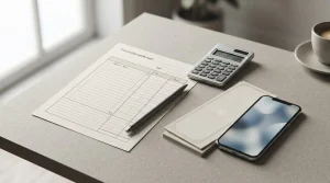 Documenti di trasferimento, calcolatrice e telefono su una scrivania